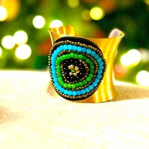 Vibrant Cuff bracelet with green, turquoise, black & gold, adjustable